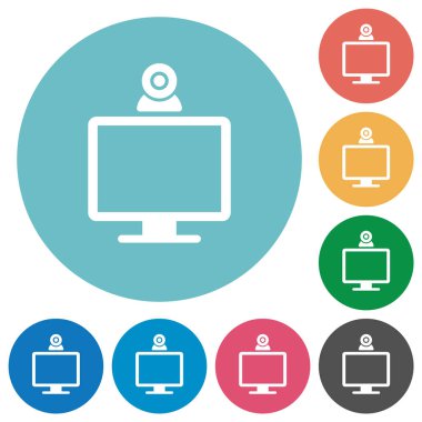 Yuvarlak renk arkaplanında web kamerası düz beyaz simgeleri olan monitör