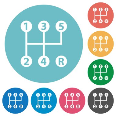 Yuvarlak renk arkaplan üzerinde beş hız manuel vites kayması düz beyaz simgeler