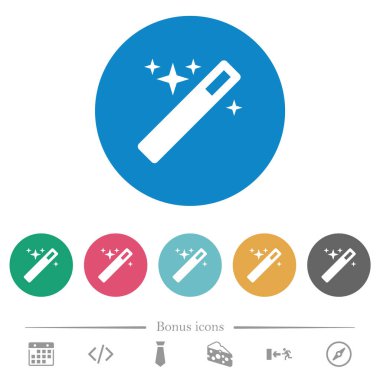 Sihirli değnek ve düz beyaz simgeler yuvarlak renkli arka planda. 6 bonus simgesi dahil.