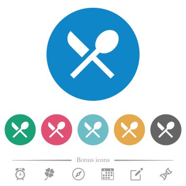 Yuvarlak renkli arka planda düz beyaz simgeler yemek. 6 bonus simgesi dahil.