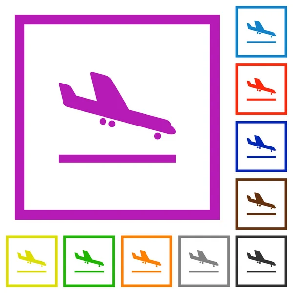 Flugzeug Landung Flache Farbe Symbole Quadratischen Rahmen Auf Weißem Hintergrund — Stockvektor