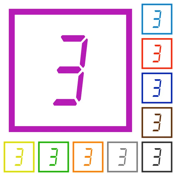 白色背景上正方形框架中七段平面色彩图标的数字数字数字数字数字3 — 图库矢量图片