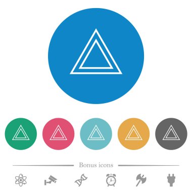 Trafik acil durum üçgeni düz beyaz simgeler yuvarlak renkli arkaplanlar. 6 bonus simgesi dahil.