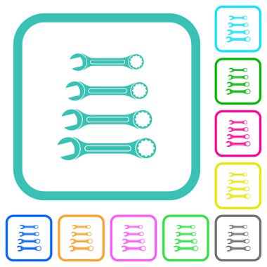 Beyaz arkaplan üzerinde eğri kenarlıklarda canlı renkli düz simgeler kümesi