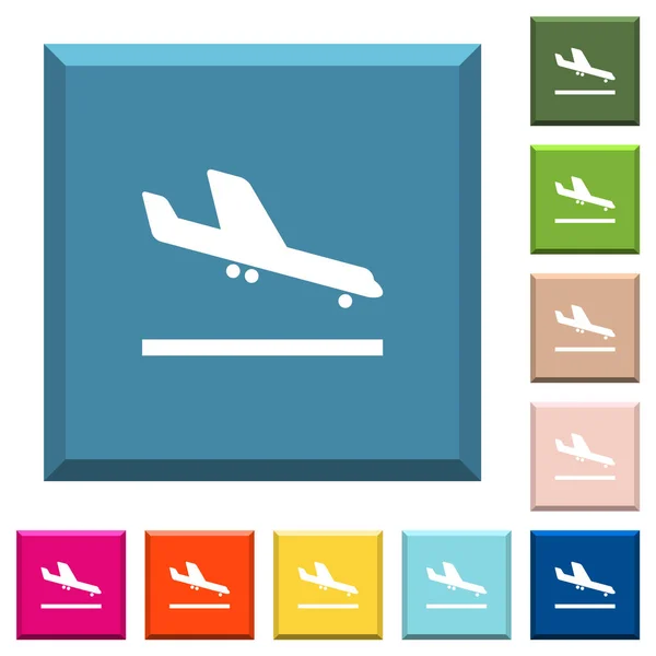 Avión Aterrizaje Iconos Blancos Los Botones Cuadrados Bordes Varios Colores — Vector de stock