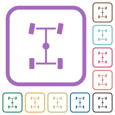 Beyaz arkaplanda renkli yuvarlak kare çerçevelerdeki merkezi diferansiyel basit simgeler