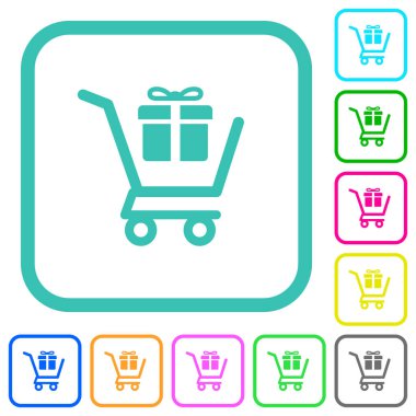 Beyaz arkaplandaki kıvrımlı sınırlarda hediye alışverişi canlı renkli düz simgeler