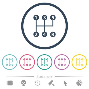 Beş hız manuel vites kaydırma düz renk simgeleri yuvarlak hatlarda. 6 bonus simgesi dahil.