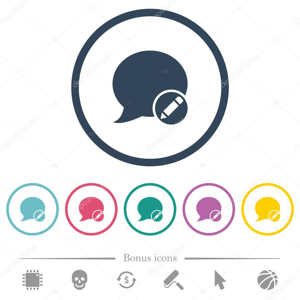 Moderate blog comment flat color icons in round outlines. 6 bonus icons included.