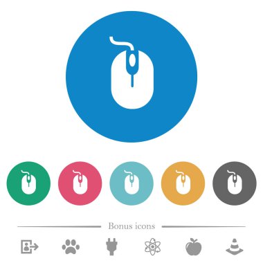 Kablosu düz beyaz ikonlu bilgisayar faresi yuvarlak renkli arka planda. 6 bonus simgesi dahil.