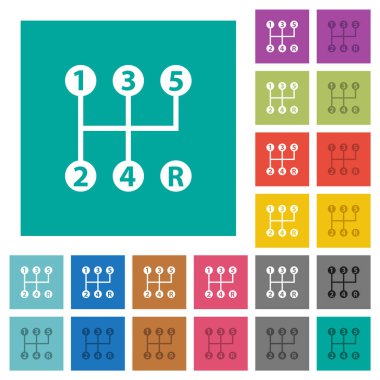 Beş hız manuel vites değişimi düz kare arka planda çok renkli düz simgeler. Uçan veya etkin efektler için beyaz ve koyu simge varyasyonları.