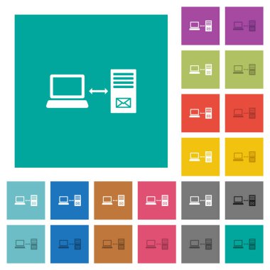 Single connection to mail server multi colored flat icons on plain square backgrounds. Included white and darker icon variations for hover or active effects. clipart