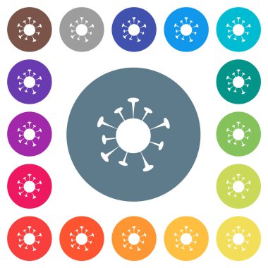 Corona virüsünün beyaz simgeleri yuvarlak renklerde. 17 arkaplan renk varyasyonu dahil.