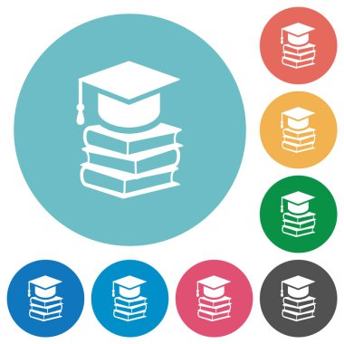 Düz beyaz simgeli, yuvarlak renk arkaplanlı üç kitaplık mezuniyet şapkası