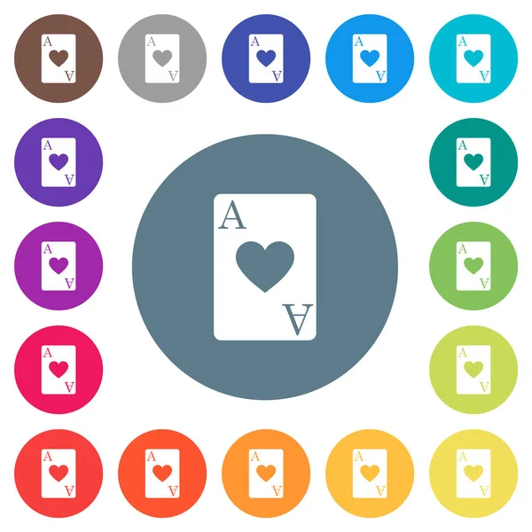 Ace of hearts card flat white icons on round color backgrounds. 17 background color variations are included.