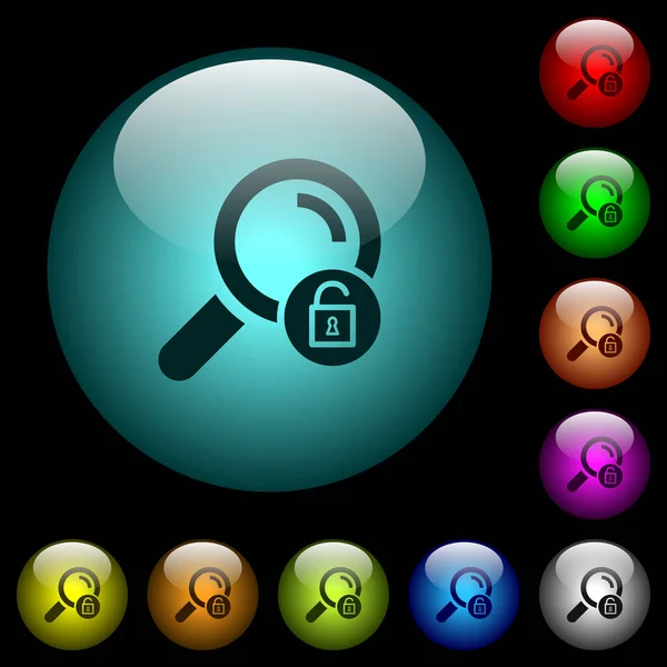 Unlock Zoekpictogrammen Kleur Verlicht Bolvormig Glas Knoppen Zwarte Achtergrond Kan — Stockvector