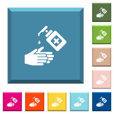 Kenarlı kare düğmelerde çeşitli moda renklerde el dezenfektanı beyaz simgeleri ile el yıkama