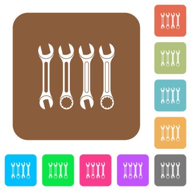 Yuvarlak kare renkli arkaplan üzerinde düz anahtar simgeleri kümesi.