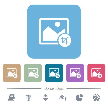 Renkli yuvarlak kare arkaplan üzerine beyaz resim simgeleri ekleyin. 6 bonus simgesi dahil