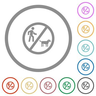 Beyaz arkaplanda yuvarlak çizgilerde düz renk simgeleri yürüten köpek yok