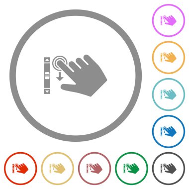 Sağ elle aşağı kaydırma jest düz renk simgeleri beyaz arkaplan üzerinde yuvarlak ana hatlar