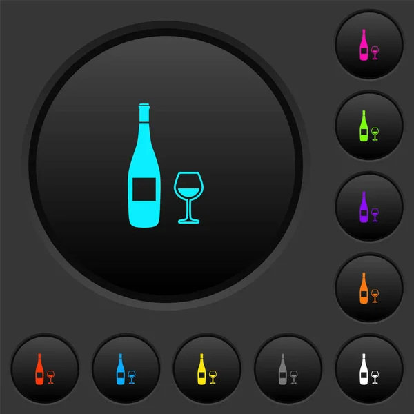 Vinflaska Och Glas Mörka Tryckknappar Med Levande Färg Ikoner Mörkgrå — Stock vektor