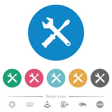 Yuvarlak renkli arka planda araç takımı düz beyaz simgeler. 6 bonus simgesi dahil.