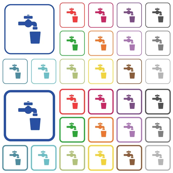 Acqua Potabile Icone Piatte Colore Cornici Quadrate Arrotondate Versioni Sottili — Vettoriale Stock