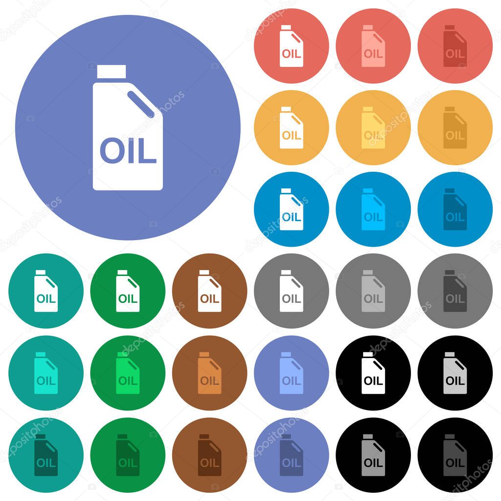 Oil canister multi colored flat icons on round backgrounds. Included white, light and dark icon variations for hover and active status effects, and bonus shades.