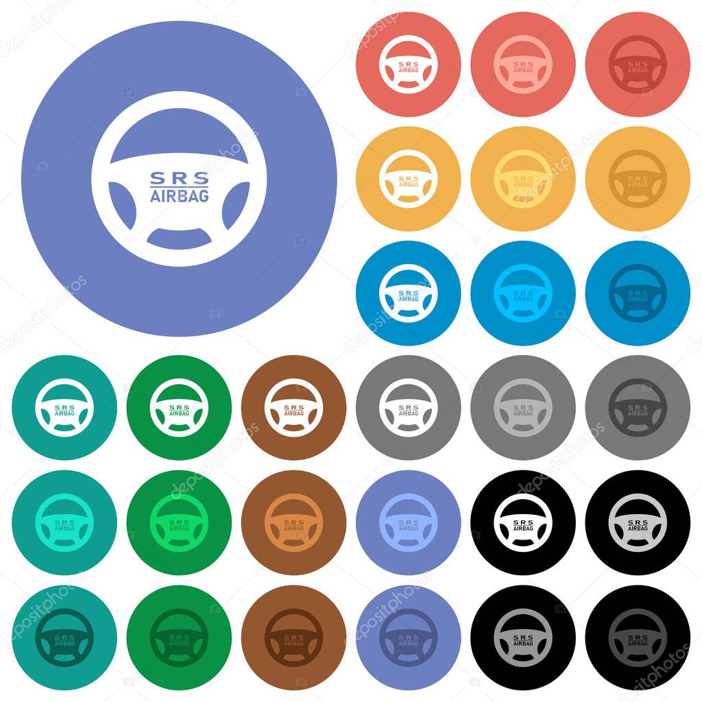 Steering wheel airbag multi colored flat icons on round backgrounds. Included white, light and dark icon variations for hover and active status effects, and bonus shades.