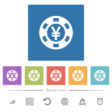 Yen kumarhanesinin düz beyaz simgeleri kare arkaplanlarda. 6 bonus simgesi dahil.