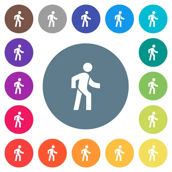 Hombre Caminando Derecho Iconos Blancos Planos Sobre Fondos Color Redondo — Vector de stock