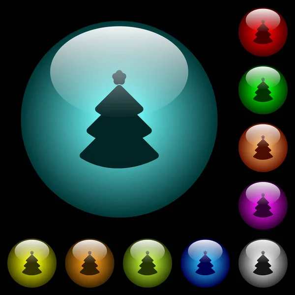 Christmas Tree Icons Color Illuminated Spherical Glass Buttons Black Background — Stock Vector
