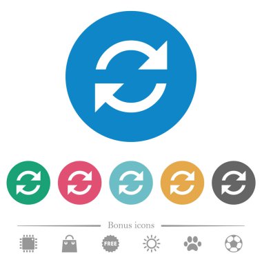 Düz beyaz okları yuvarlak renkli arkaplanlarda tazele. 6 bonus simgesi dahil.