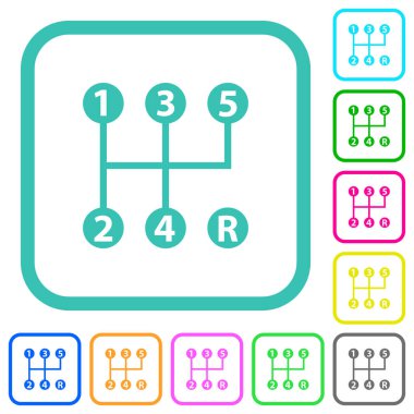 Beyaz arkaplanda eğimli sınırlarda beş hız manuel vites kayması canlı renkli düz simgeler