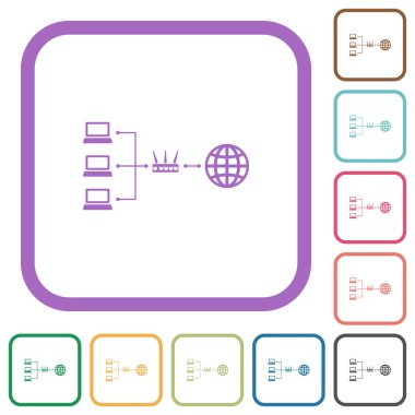 Ağ adresi çeviri simgeleri beyaz arkaplan üzerinde renkli yuvarlak kare çerçeveler içinde basit simgeler