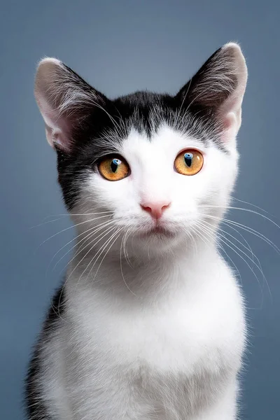 İki aylık, sevimli, iki renkli, kısa saçlı kedi yavrusu portresi. Seçici yumuşak odaklanma. Siyah beyaz kedi