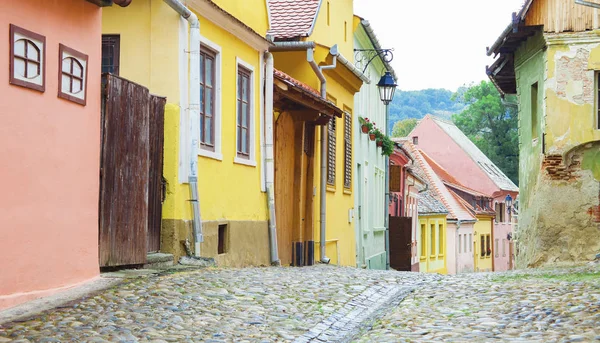 Old Street Colorful Houses Sighisoara Medieval City Romania — Stock Photo, Image