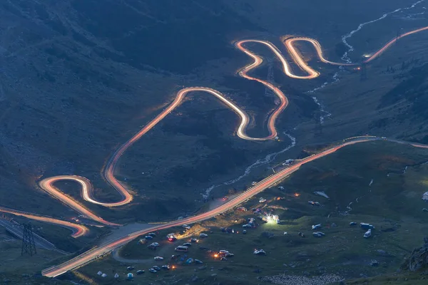 Zakrzywione Spojrzę Lecące Drodze Nocy Ruch Odcinku Drogi Transfogaraskiej Mountain — Zdjęcie stockowe