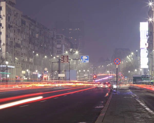 City Street Night Long Exposure Car Traffic Bucharest Romania — Stock Photo, Image