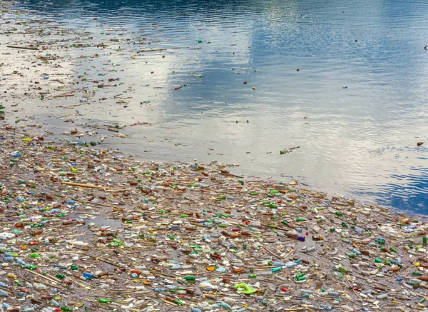 lake pollution with plastic bags and toxic waste in the water