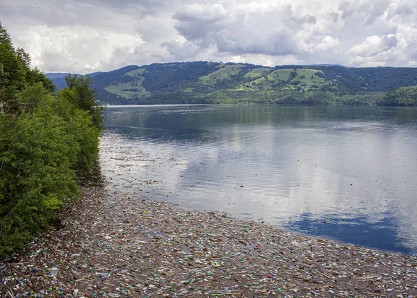 lake pollution with plastic bags and toxic waste in the water