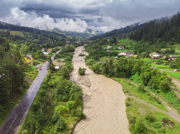 Small River Flood Storm Aerial View Romania — Stock Photo, Image