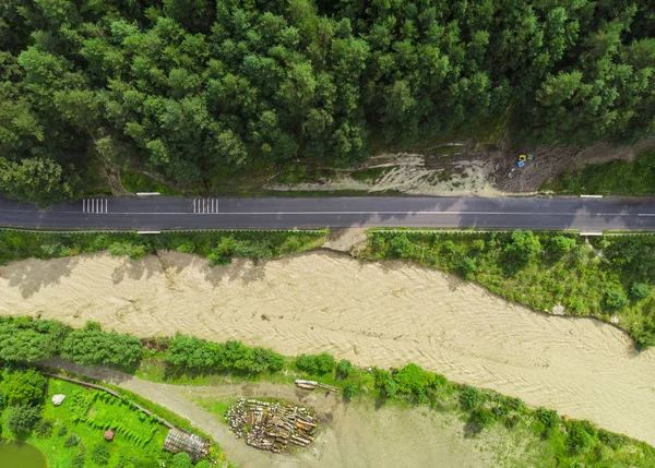 Aerial View Road Forest Water Flood — Stock Photo, Image