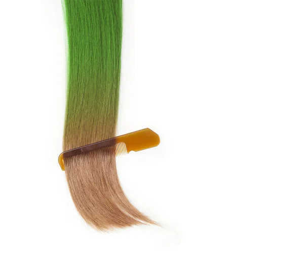 光沢のある茶色に緑髪をブラッシングします 抽象的な髪型のコンセプト — ストック写真