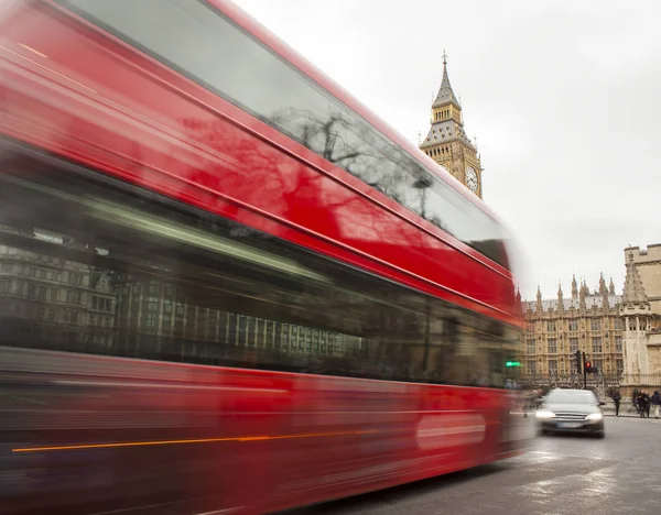 London City Scenen Med Röd Buss Rörelse Och Big Ben — Stockfoto