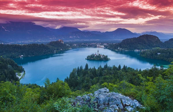 Lac Bled Coucher Soleil Slovénie — Photo