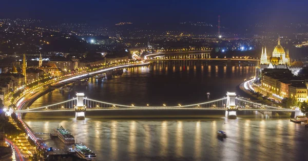 Chain Bridge Budapest Hungary Night Cityscape Panorama — Stock Photo, Image