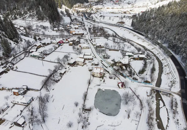 Vista Aérea Aldeia Inverno Roménia Moldávia — Fotografia de Stock