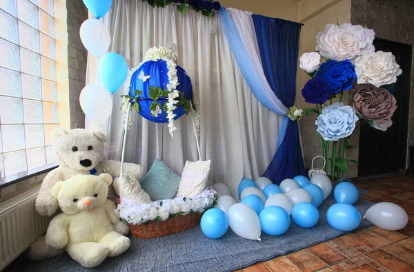 happy birthday decoration for baby room with toys and baloons